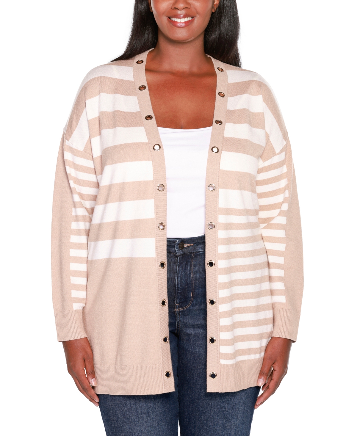 BELLDINI PLUS SIZE BLACK LABEL COLOR BLOCKED VARIEGATED-STRIPE CARDIGAN SWEATER 