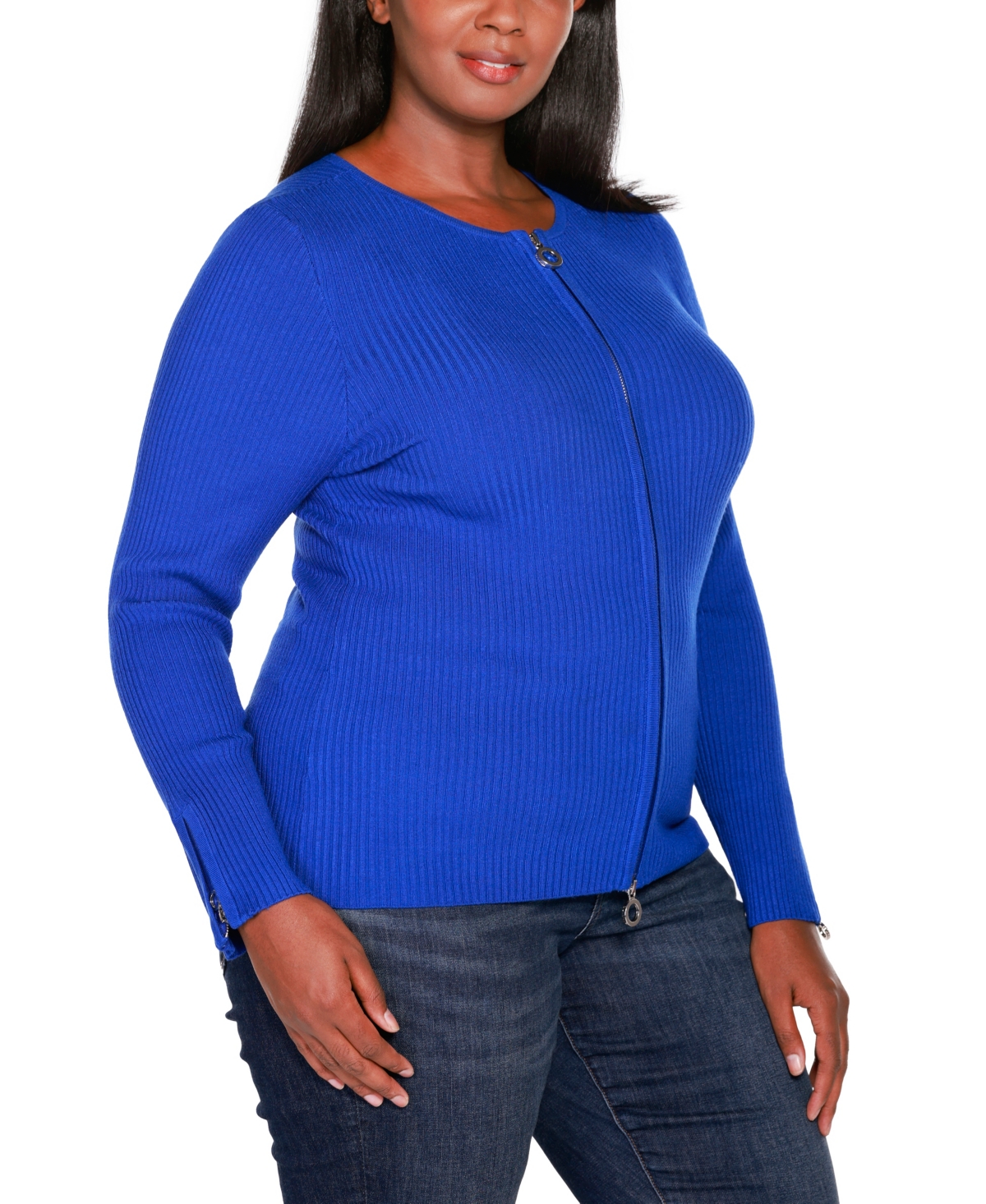 BELLDINI PLUS SIZE BLACK LABEL RIBBED DOUBLE-ZIP CARDIGAN SWEATER 