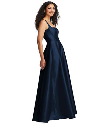 Plus Size Boned Corset Closed-Back Satin Gown with Full Skirt and Pockets