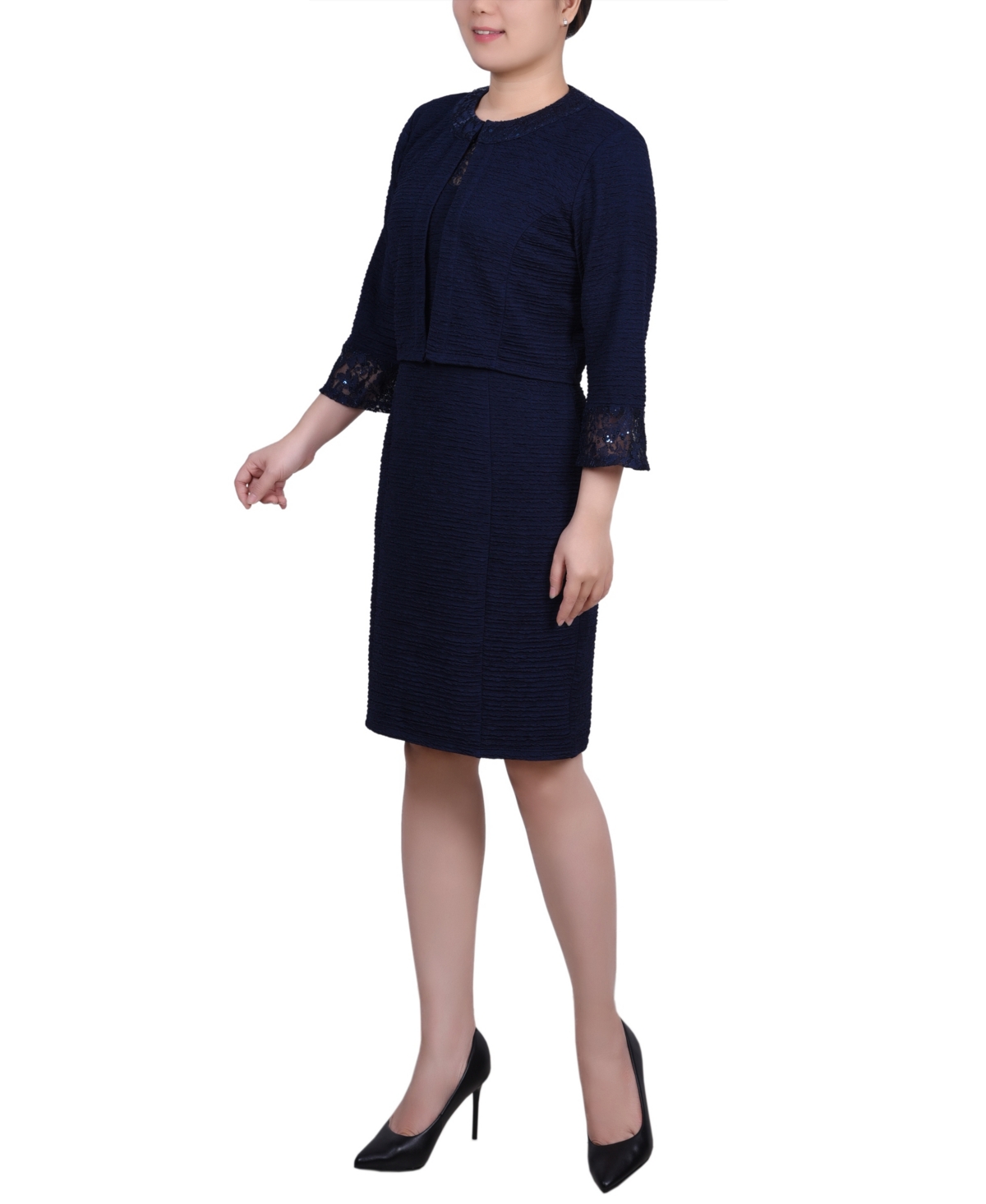 Shop Ny Collection Petite Two Piece Novelty Knit And Lace Dress Set In Navy