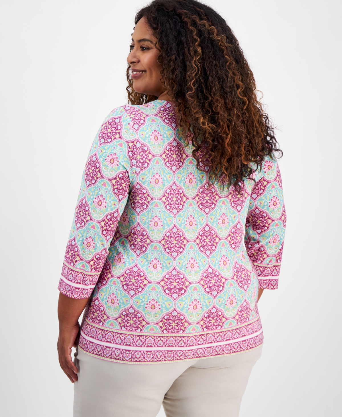Jm Collection Plus Size Printed Jacquard Top, Exclusively At Macy's In Petunia Pink