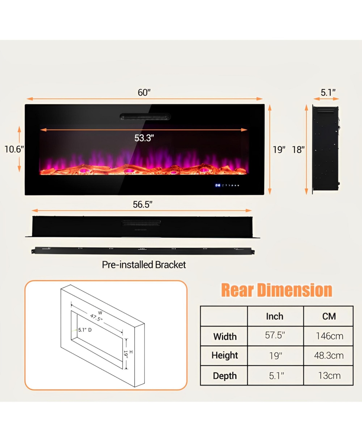 Skonyon 60 Inch Wall Mounted Recessed Electric Fireplace with Decorative Crystal and Log