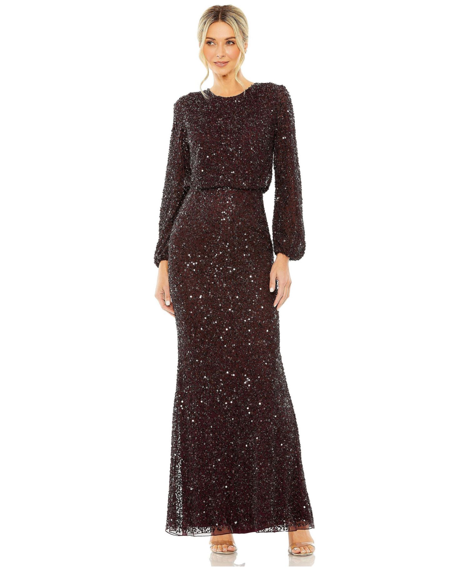 Women's High Neck Long Sleeve Beaded Blouson Gown