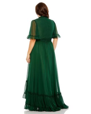 Women's High Neck Flutter Sleeve Ruffle Tiered High Low Gown