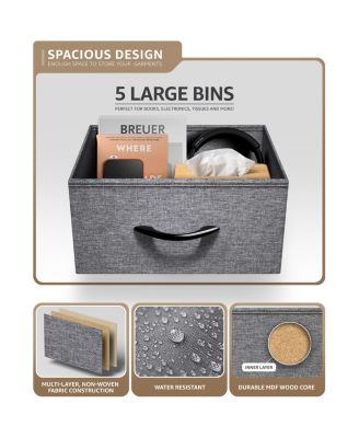 Narrow 5 Drawers Nightstand with Steel Frame, Wood Top, Easy Pull Fabric Bins