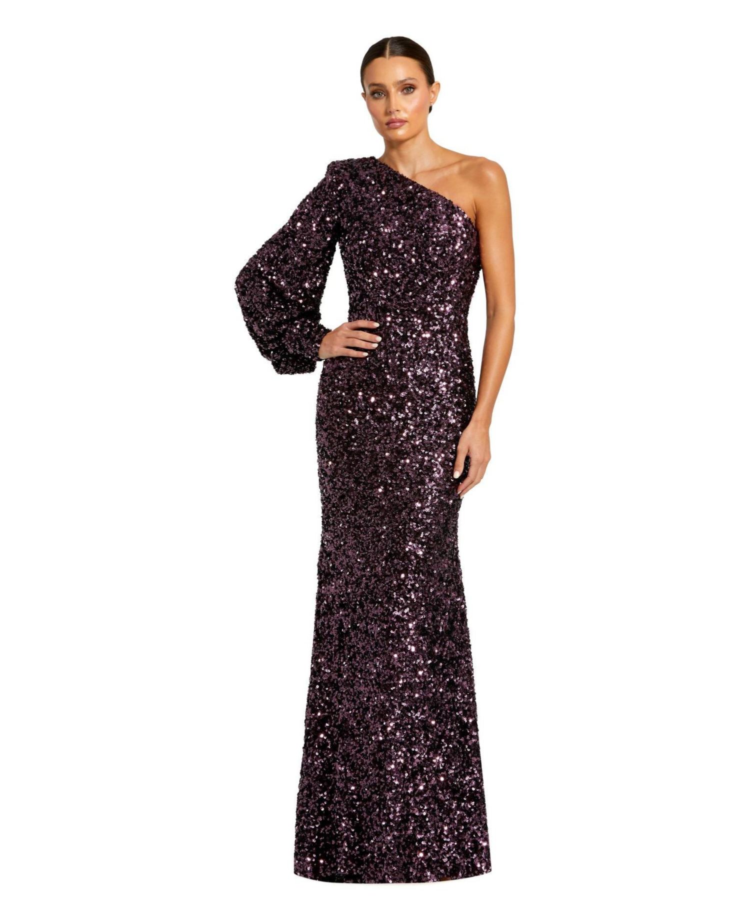 Women's Sequined One Shoulder Bishop Sleeve Trumpet Gown