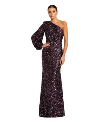 【Mac Duggal】One Shoulder Belted Trumpet Gown 関税送料込 Mac Duggal Women's Sequined One Shoulder Bishop Sleeve
