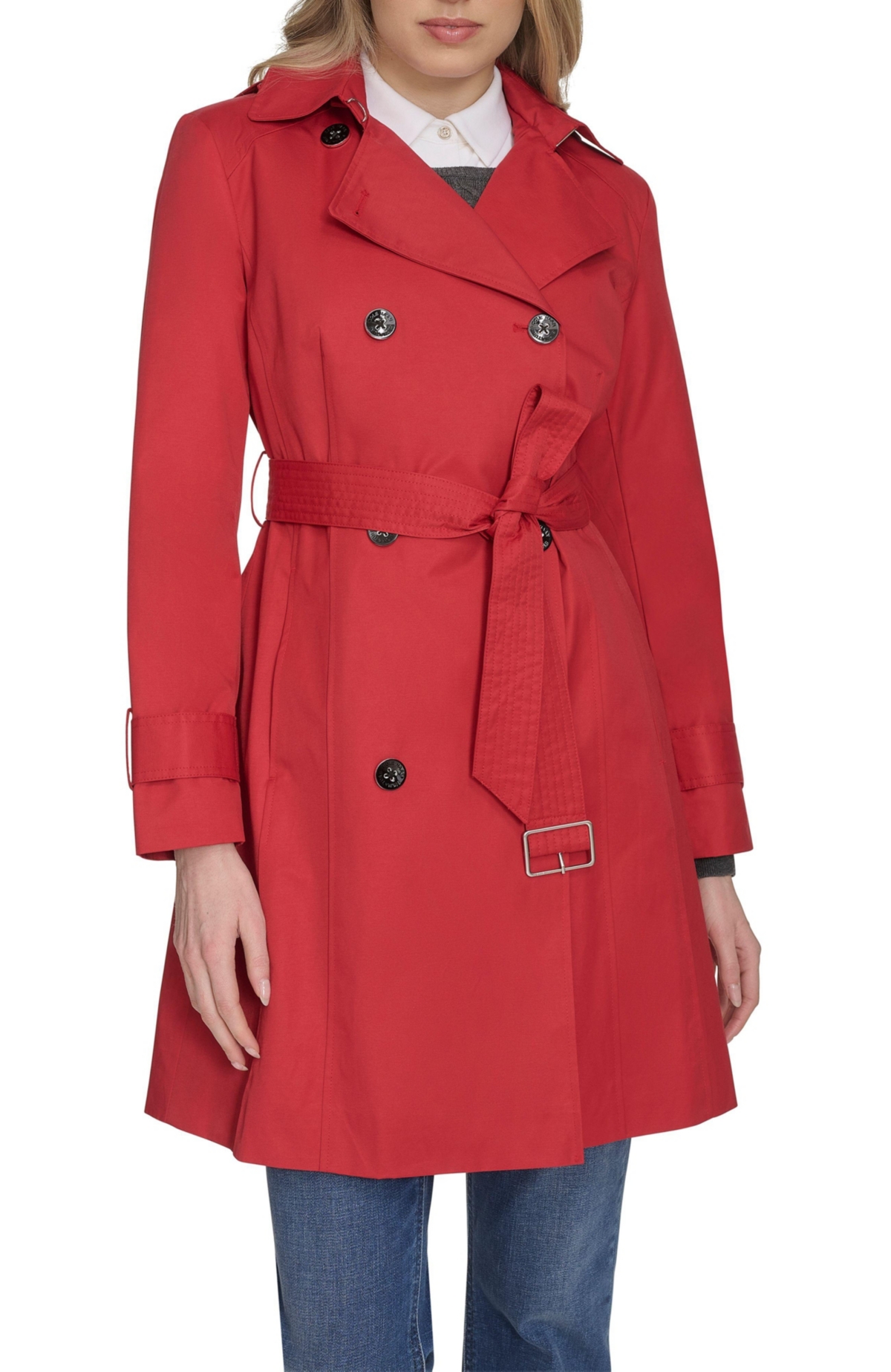 Women's 36 1/2&#x201D; D/B Trench Coat With Removable Hood - Red