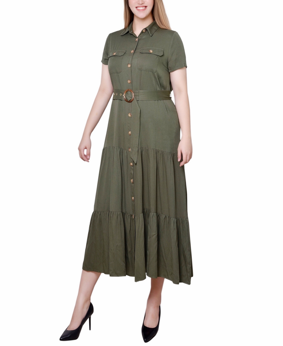Ny Collection Petite Short Sleeve Midi Twill Dress In Dark Olive