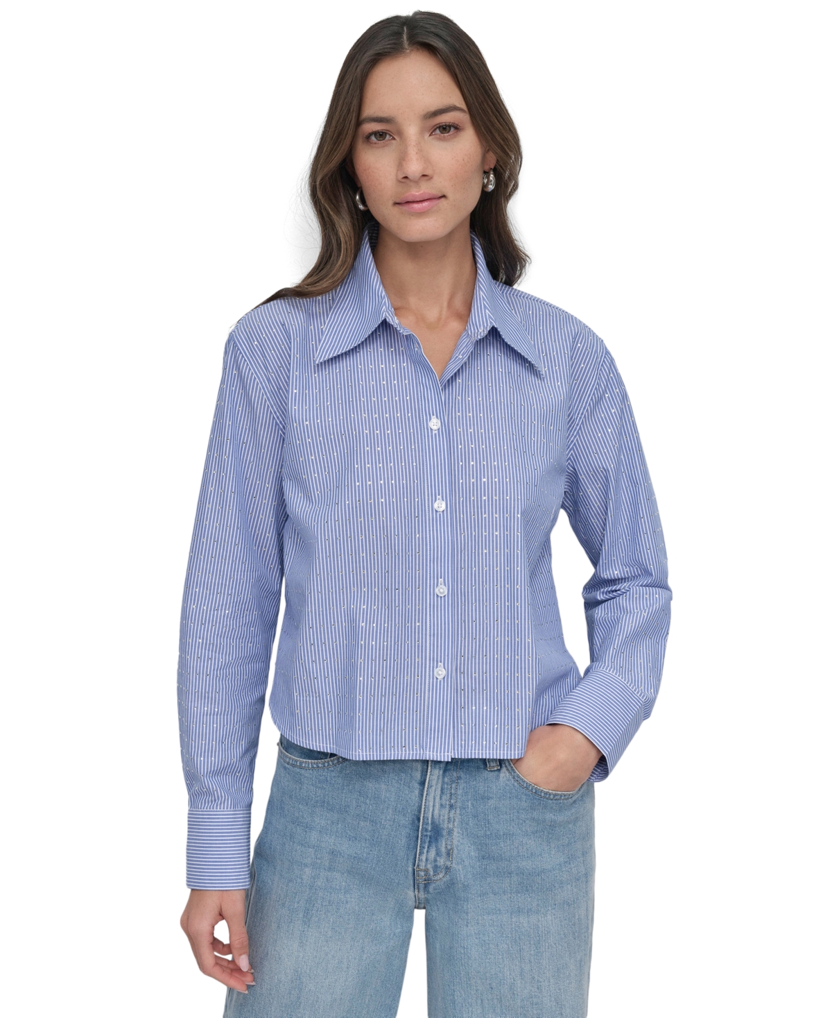 DKNY JEANS PETITE COTTON BUTTON-FRONT STUDDED SHIRT 