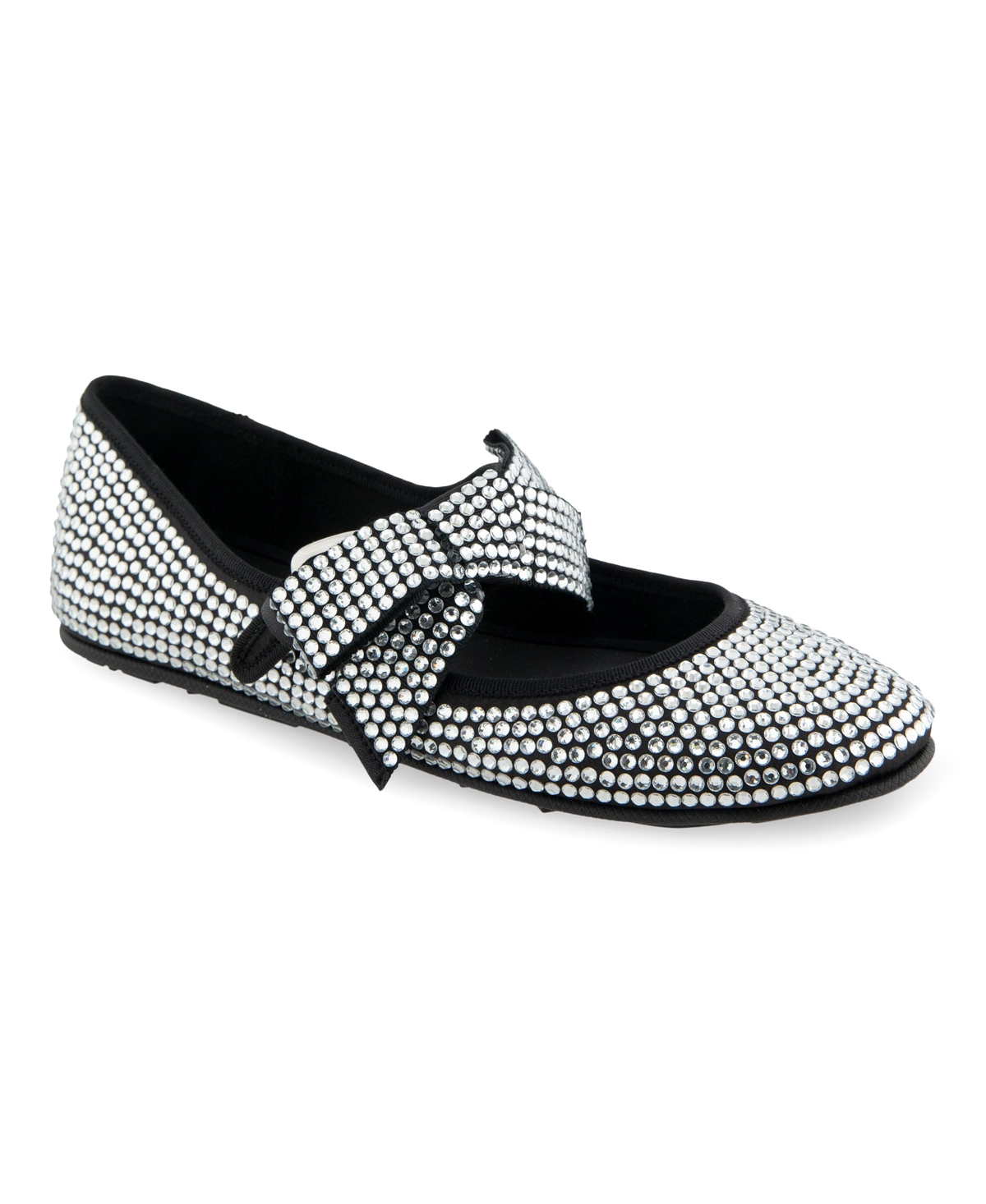 Aerosoles Women's Poppy Bow Mary Jane Flats In Black Satin Fabric,crystals