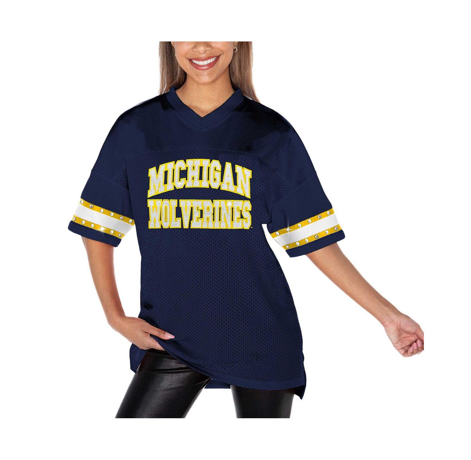 Women's Navy Michigan Wolverines Until Kickoff Rhinestone Fashion T-Shirt
