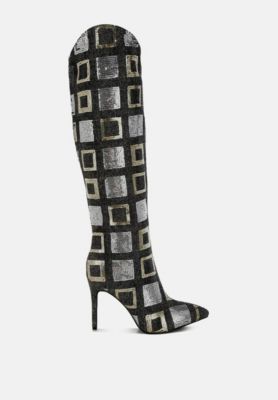 Womens Sharmin Checkered Sequin Knee High Boots
