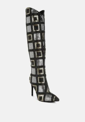 Womens Sharmin Checkered Sequin Knee High Boots
