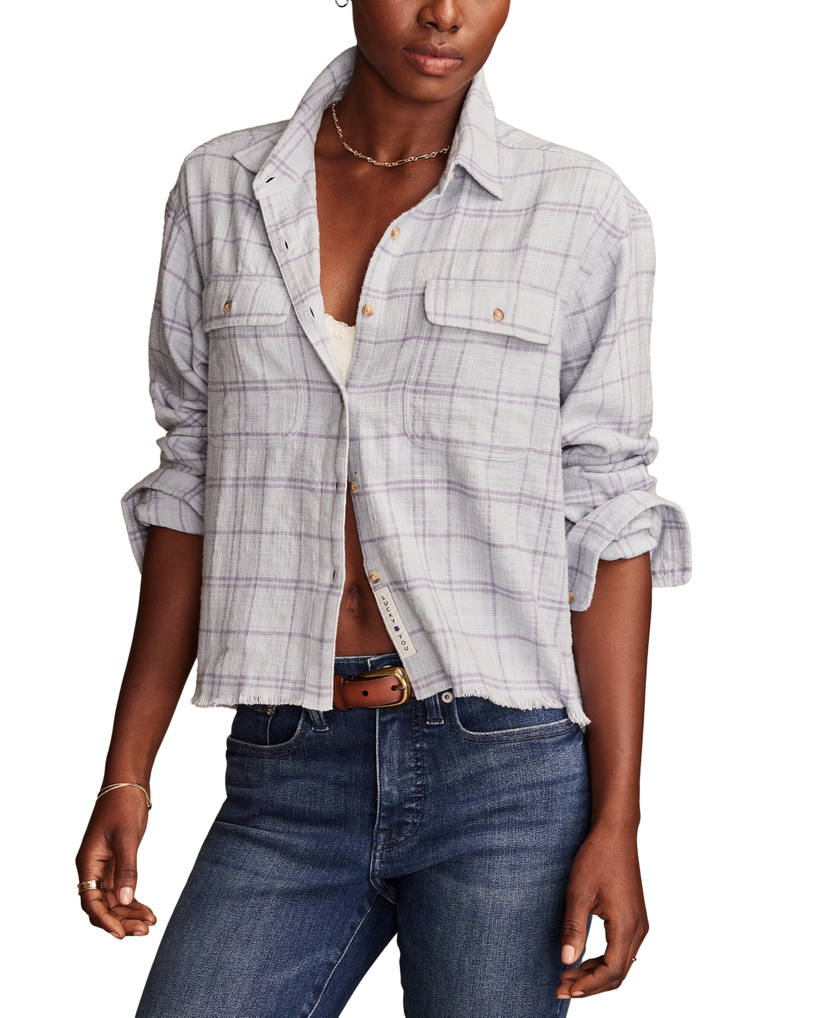 Shop Lucky Brand Women's Cotton Raw-edge Cropped Plaid Shirt In Blue Plaid