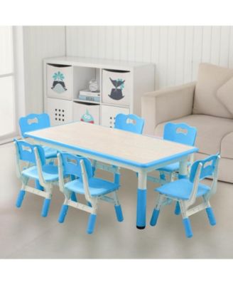 Modern Kids Table and 6 Chair Set, 47.20" Height Adjustable Toddler Table and 6 Chairs Set with Non-Slip Table Legs&Organizer Graffiti