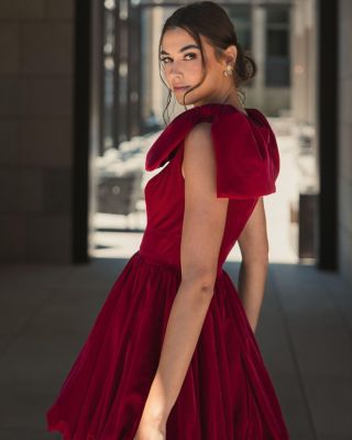 Women's Shoulder Bow Velvet Bubble Mini Dress