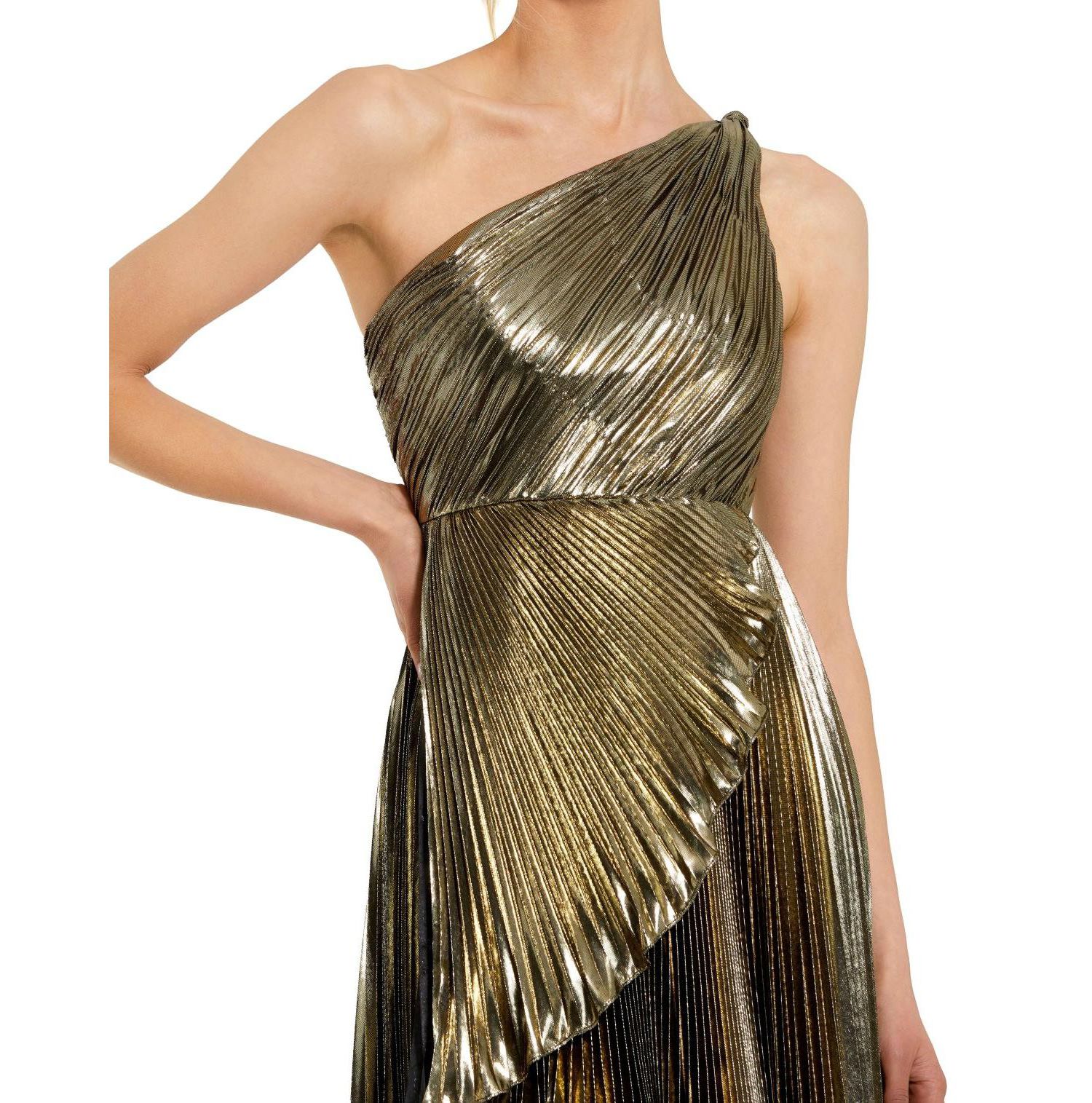 Women's Pleated Metallic One Shoulder High Low Gown