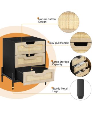 Nightstand Set of 2, Rattan End Table, Nightstands with 3 Natural Rattan Drawers