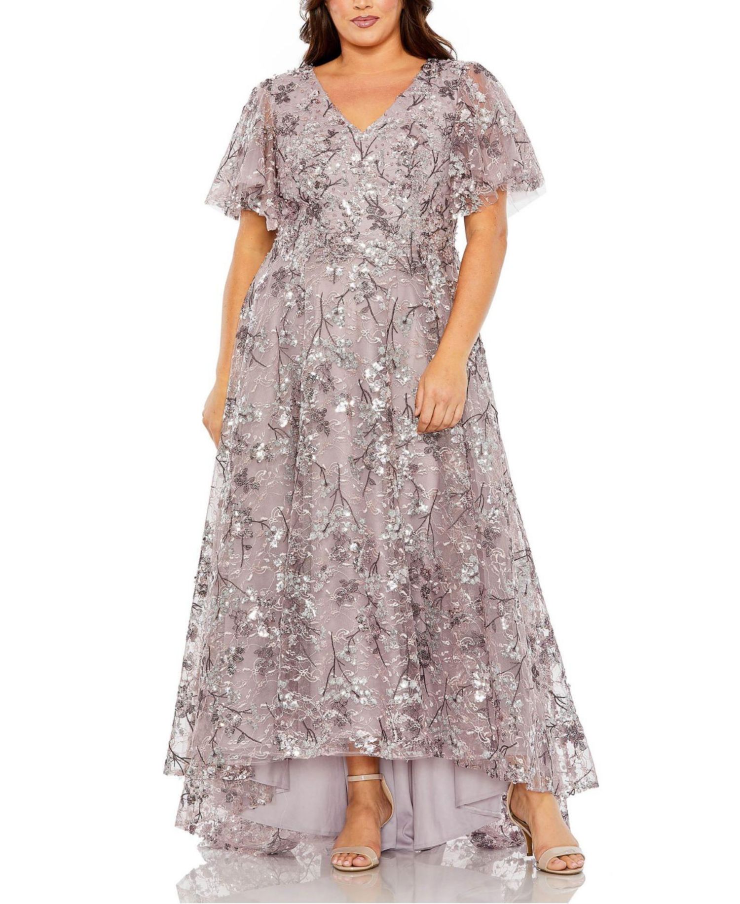 Plus Size V Neck Flutter Sleeve A Line Embellished Dress