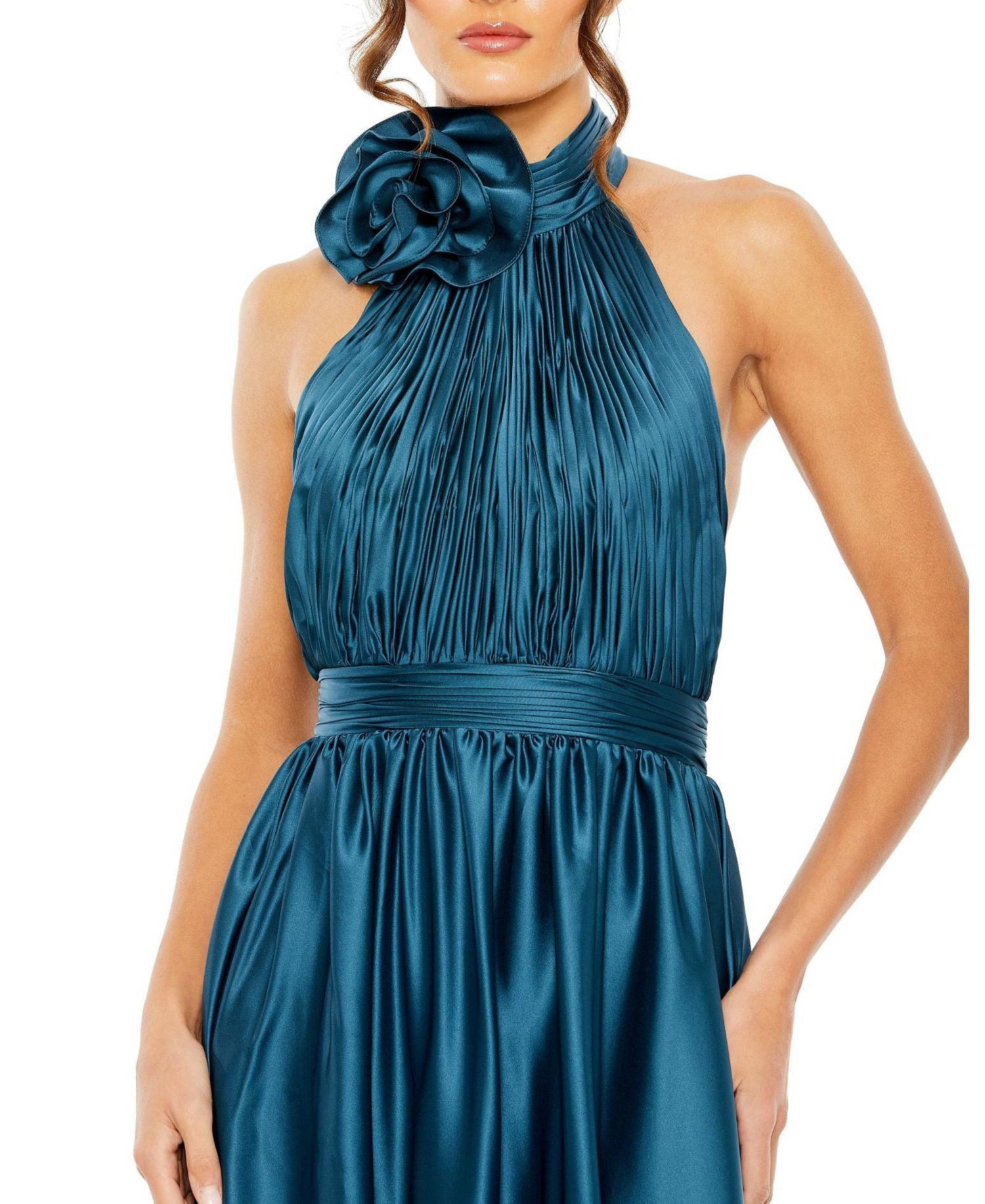 Women's Pleated Charmeuse High Neck Sleeveless Midi Dress