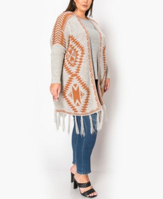 Plus Size Tribal Cardigan Sweater with Fringe