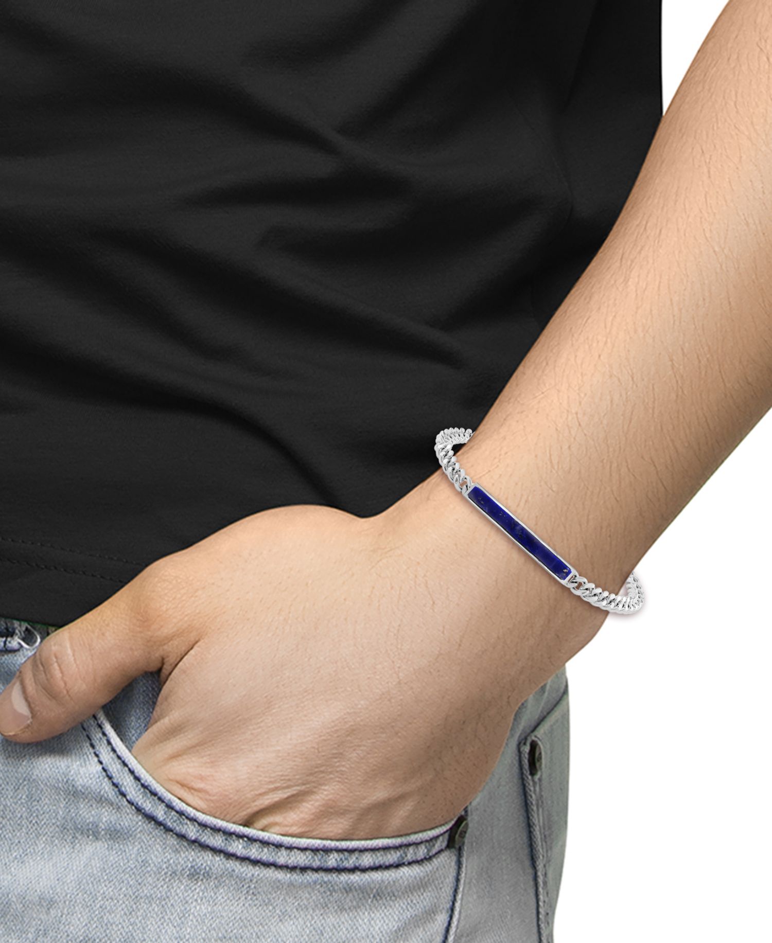 EFFY® Men's Lapis Lazuli Bar Curb Link Bracelet in Sterling Silver