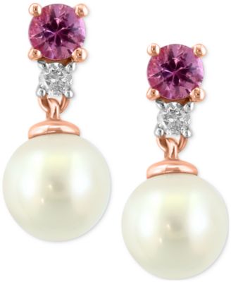 EFFY&reg; Cultured Freshwater Pearl (5-1/2mm), Pink Sapphire (1/4 ct. t.w.), and Diamond (1/20 ct. t.w.) Drop Earrings in 14k Rose Gold