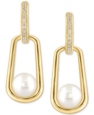 EFFY&reg; Cultured Freshwater Pearl (7mm) & Diamond (1/8 ct. t.w.) Polished Oval Drop Earrings in 14k Gold