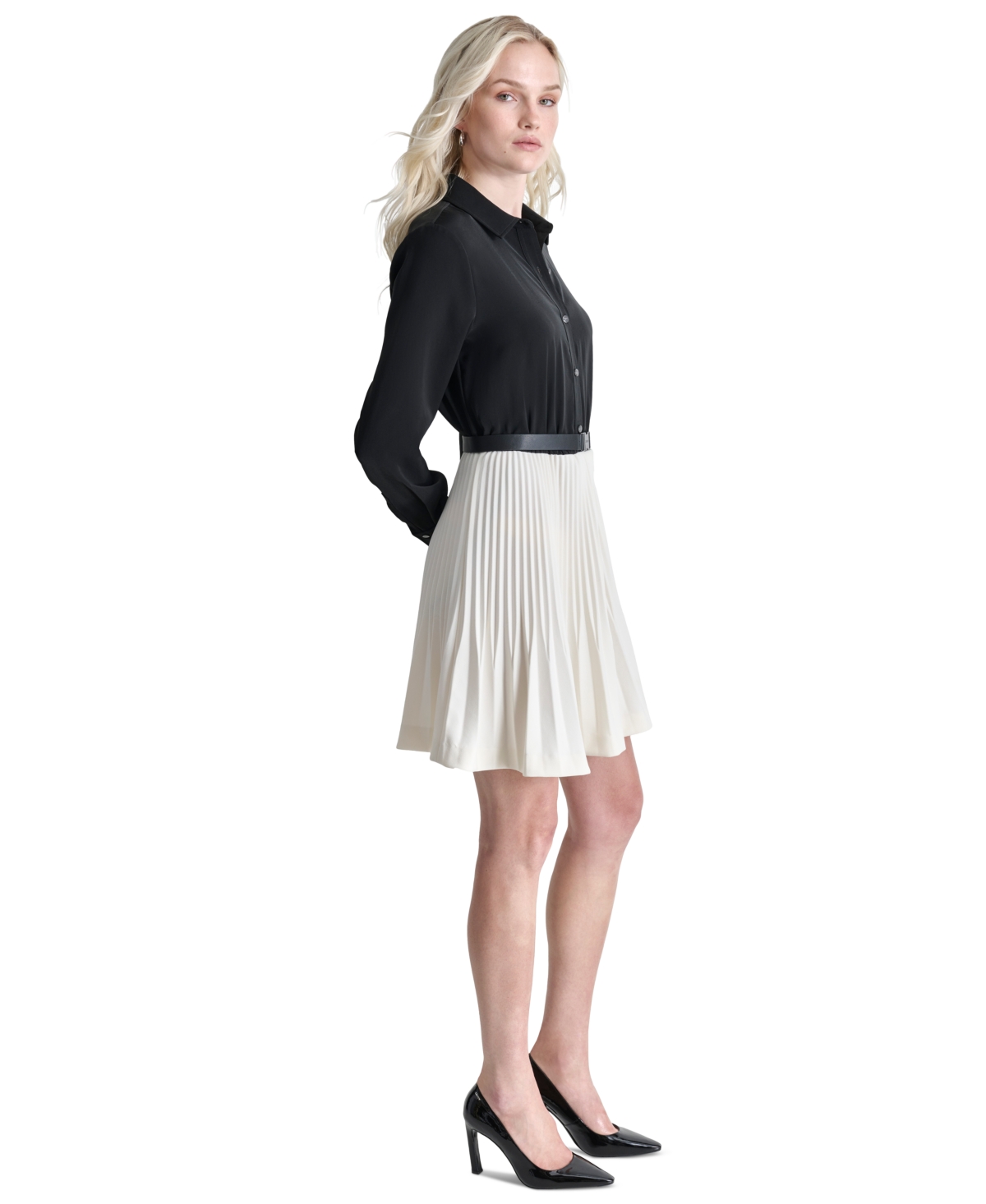 DKNY WOMEN'S COLORBLOCKED LONG-SLEEVE BELTED MINI DRESS 