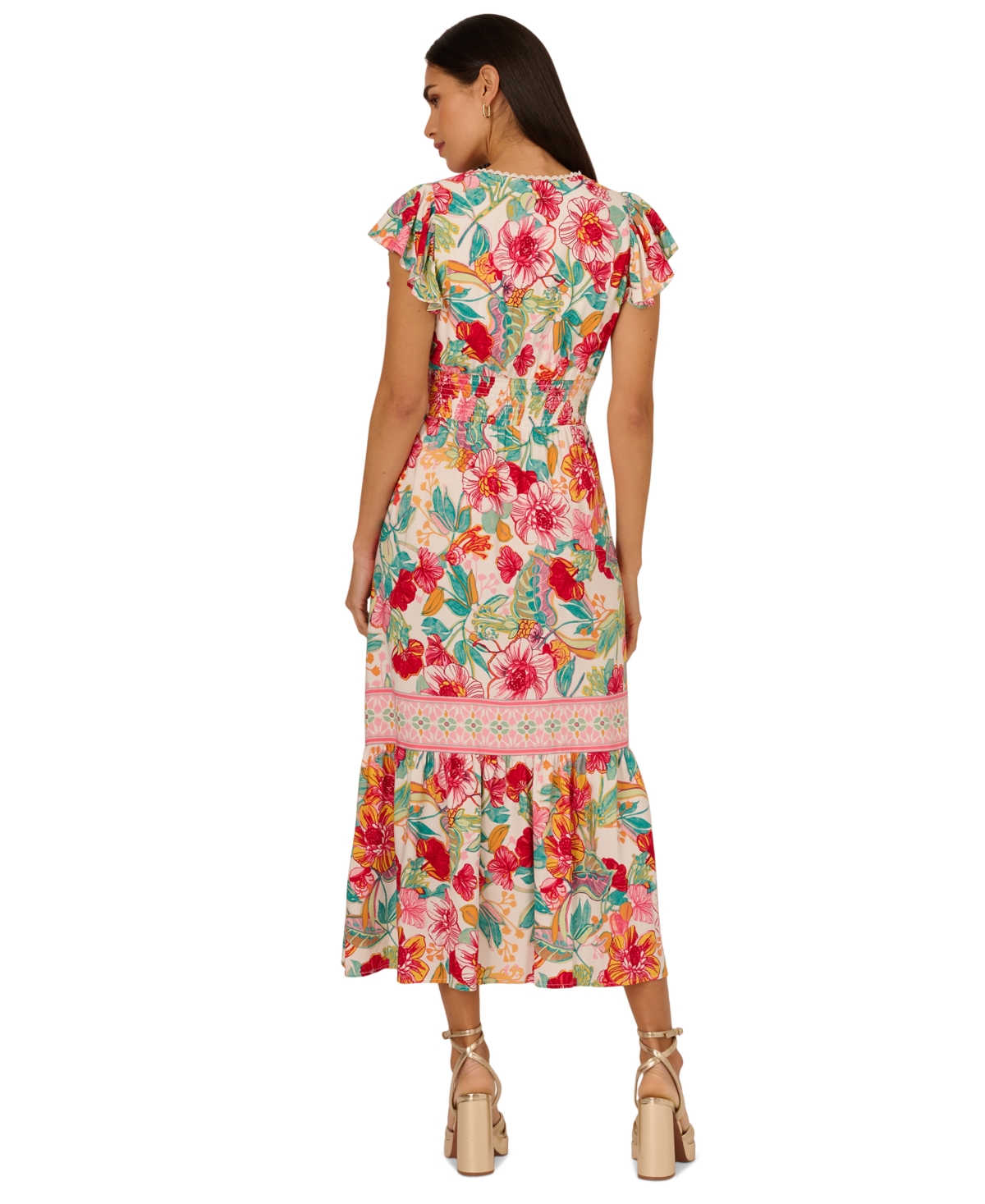 Adrianna by Adrianna Papell Women's Smocked-Waist Flutter-Sleeve Dress - Pink-green Multi