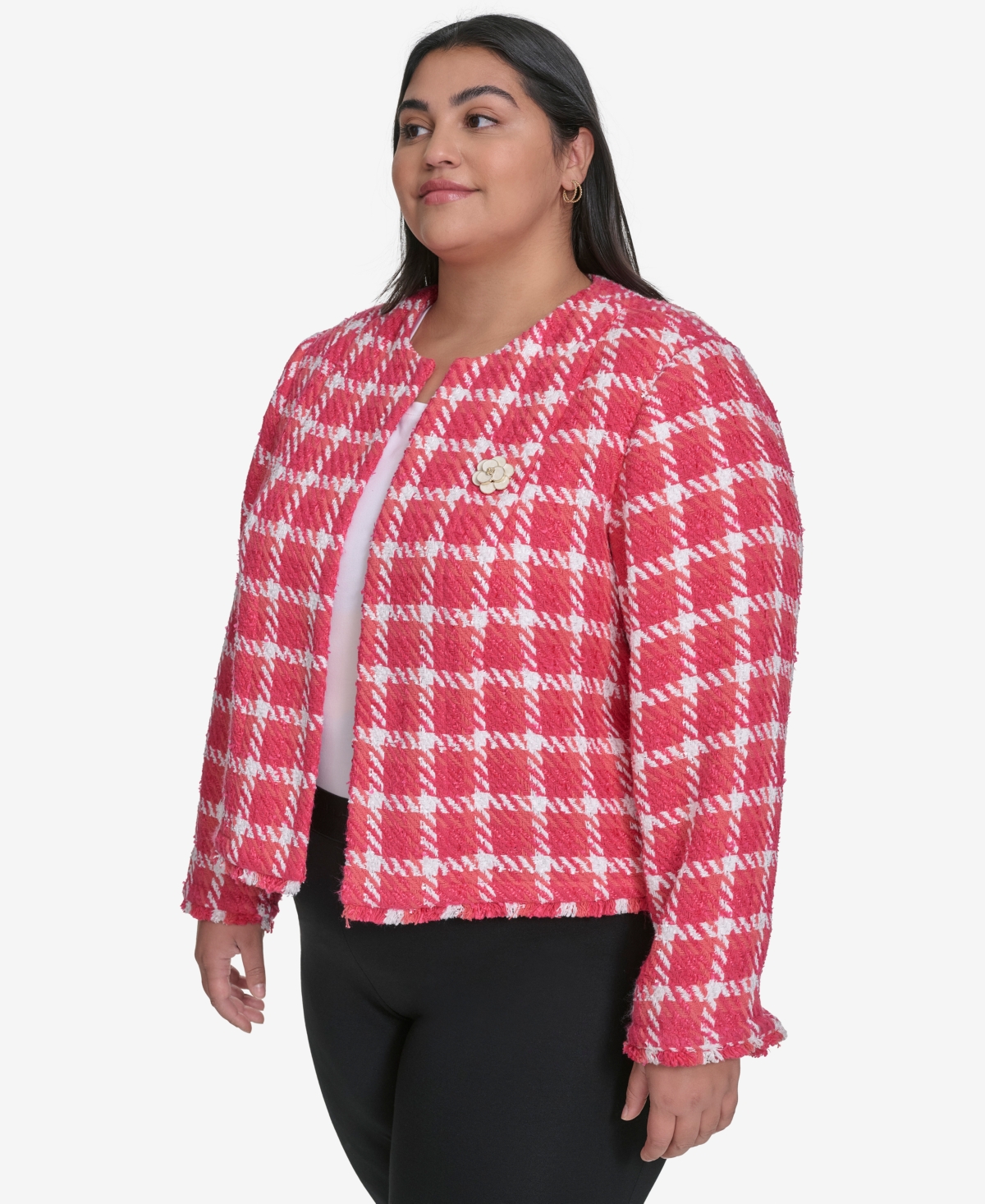 Karl Lagerfeld Plus Size Open Tweed Short Jacket, Exclusively At Macy's In Tea Berry Sunset Coral