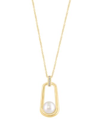 EFFY&reg; Cultured Freshwater Pearl (8mm) & Diamond Accent Polished Oval 18" Pendant Necklace in 14k Gold