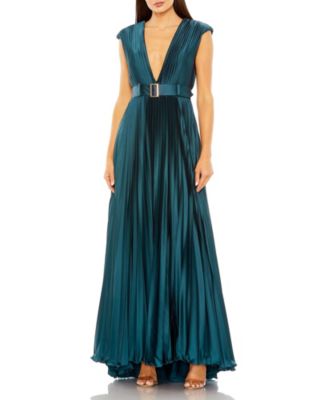 Women's Pleated Plunge Neck Belted A Line Gown