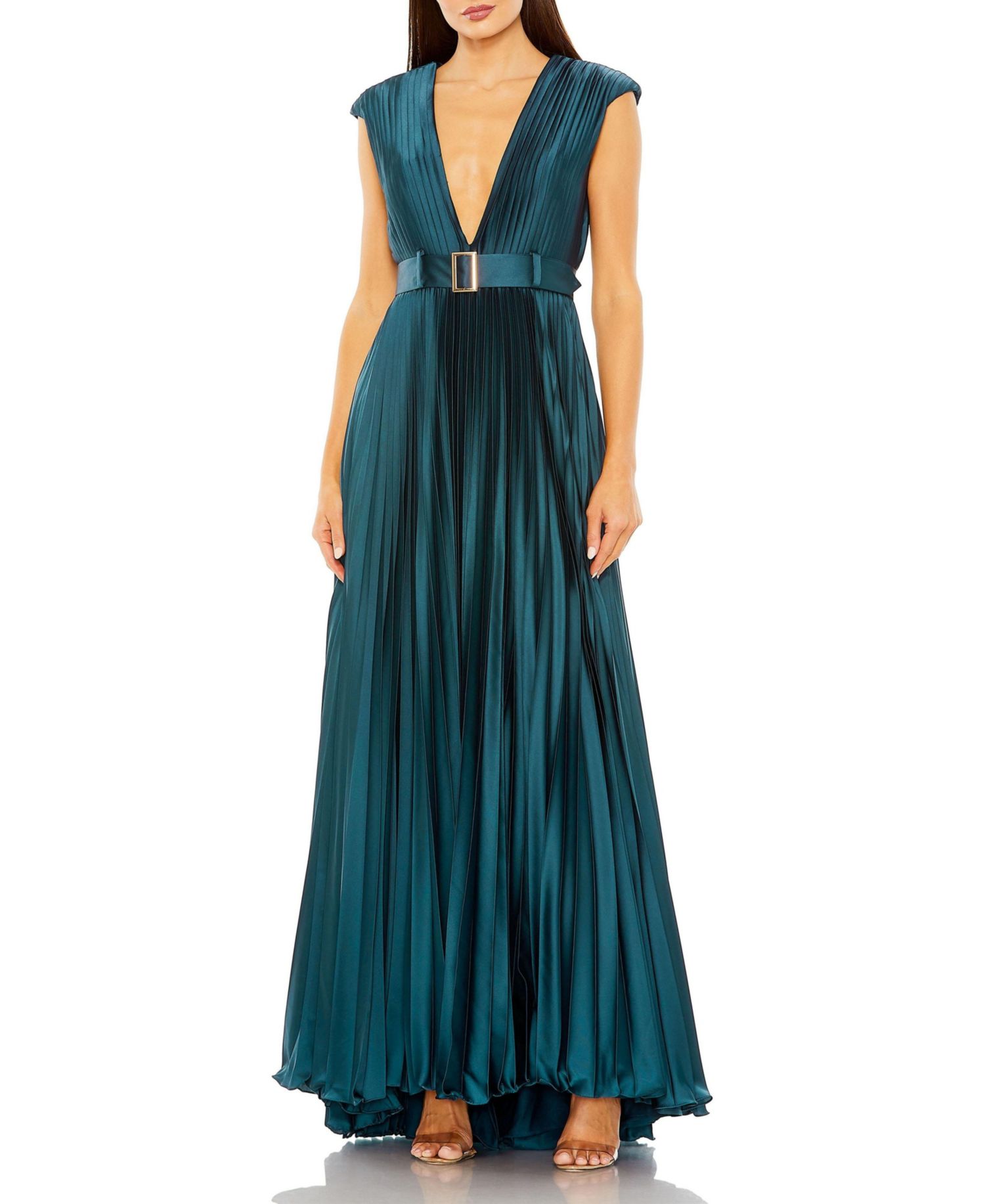 Women's Pleated Plunge Neck Belted A Line Gown