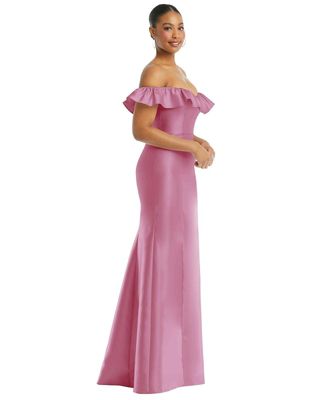 Women's Off-the-Shoulder Ruffle Neck Satin Trumpet Gown