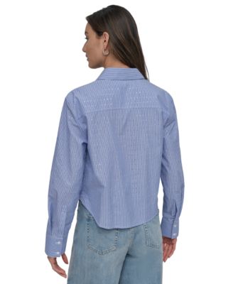 Women's Striped Poplin Studded Rhinestone Cotton Long-Sleeve Button-Front Shirt	 