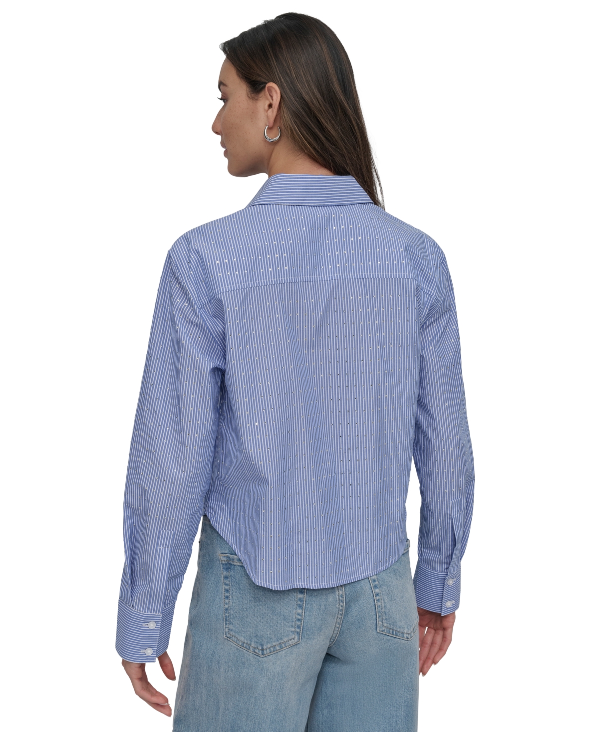 DKNY JEANS WOMEN'S STRIPED POPLIN STUDDED RHINESTONE COTTON LONG-SLEEVE BUTTON-FRONT SHIRT 
