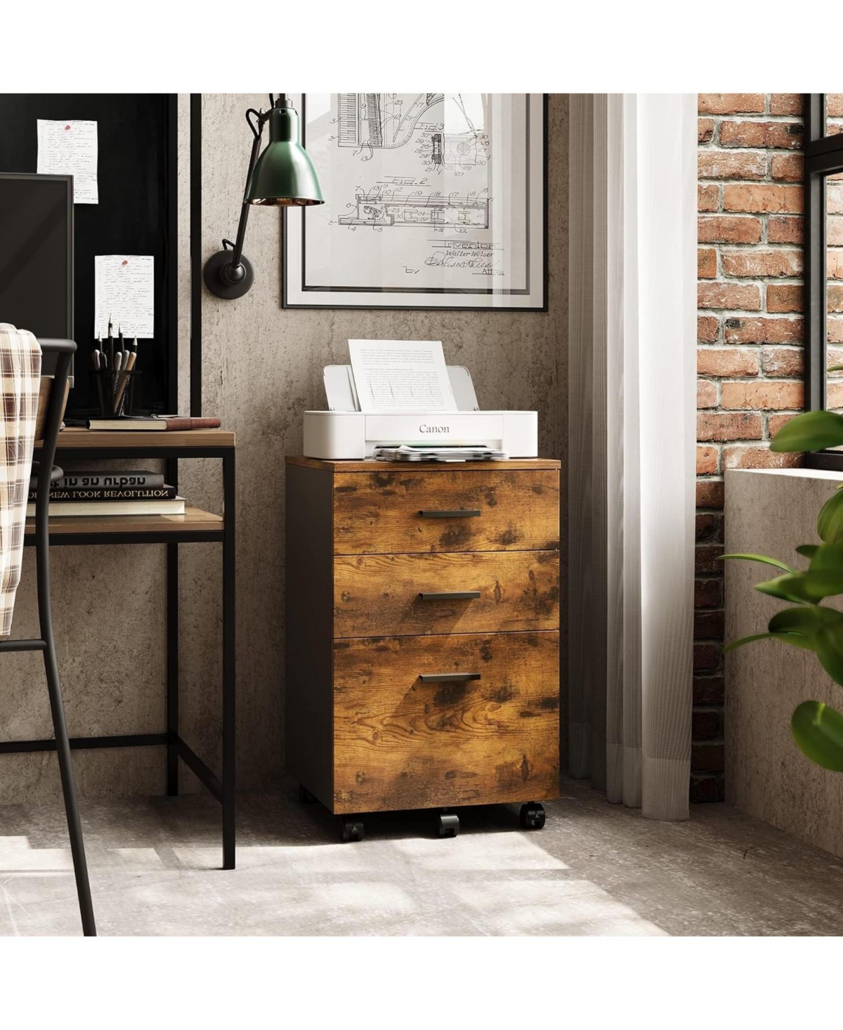 Devaise 3 Drawer Wood Mobile File Cabinet, Rolling Filing Cabinet for Letter/A4 Rustic