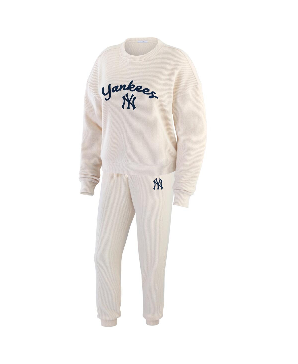 Wear by Erin Andrews Women's Oatmeal New York Yankees Rib-Knit Long Sleeve T-Shirt Pants Lounge Set - Oatmeal
