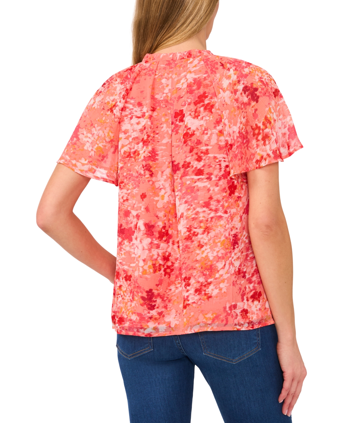 Cece Women's Printed Flutter-sleeve Pleated Bow Blouse In Deep Sea Coral