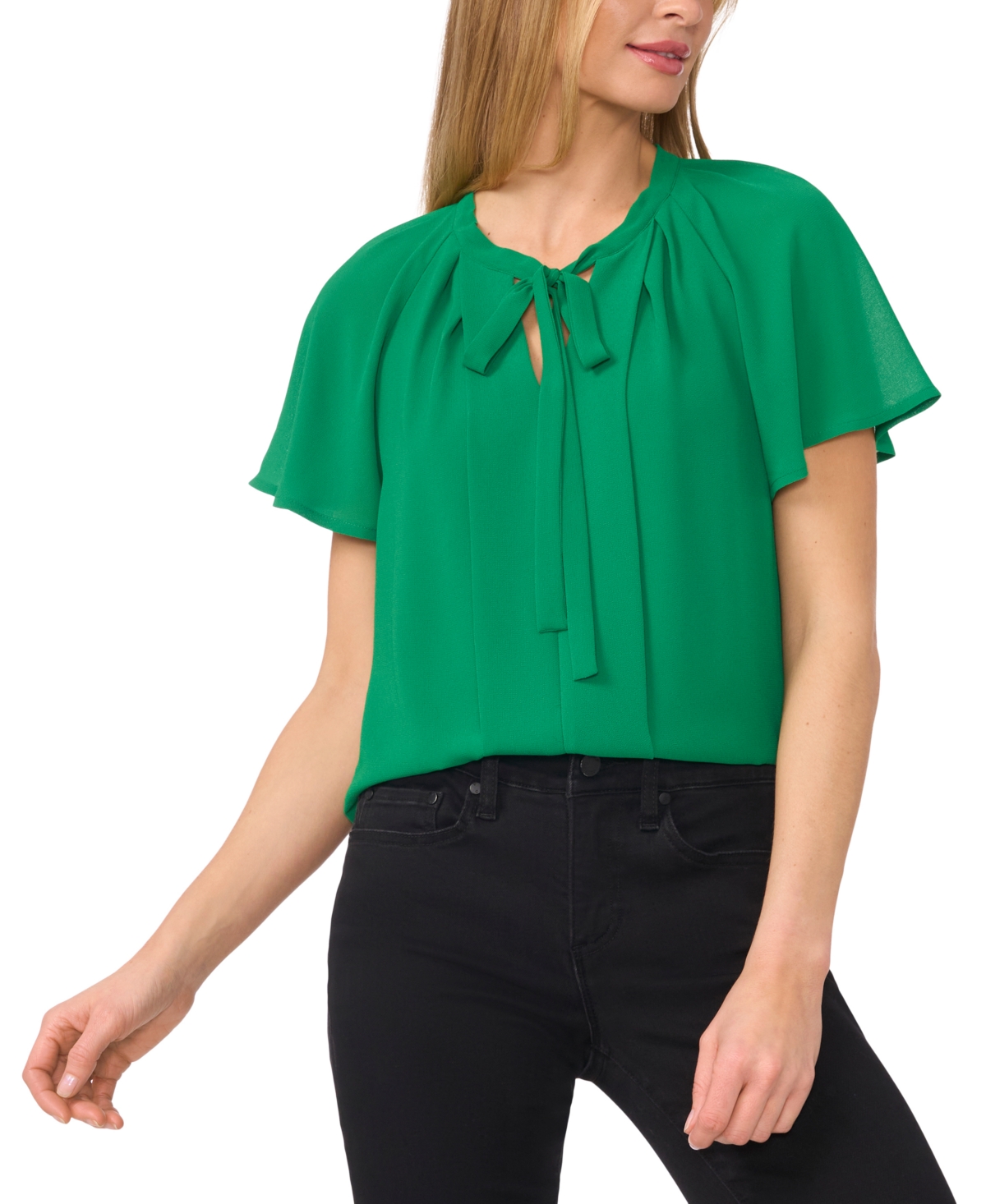 Shop Cece Women's Raglan Flutter-sleeve Pleated Bow Blouse In Lush Green