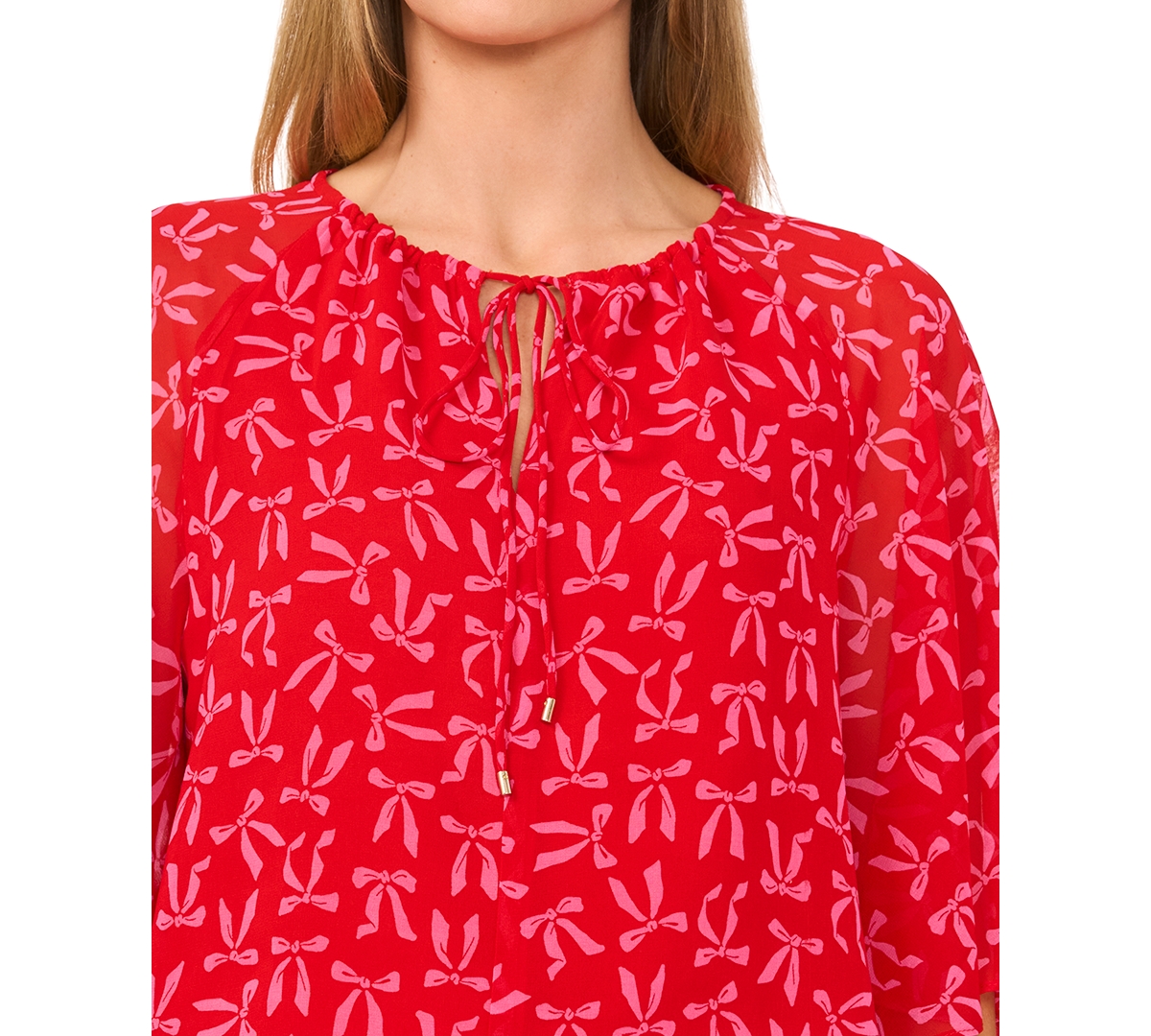 CECE WOMEN'S BOW-PRINT TIE-NECK RAGLAN-SLEEVE TOP 
