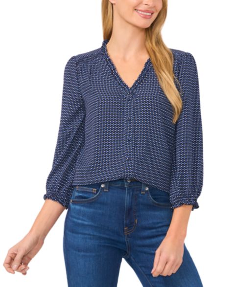 Женская блузка CeCe Ruffled V-Neck Button-Front Blouse, цвет: Garden Geo