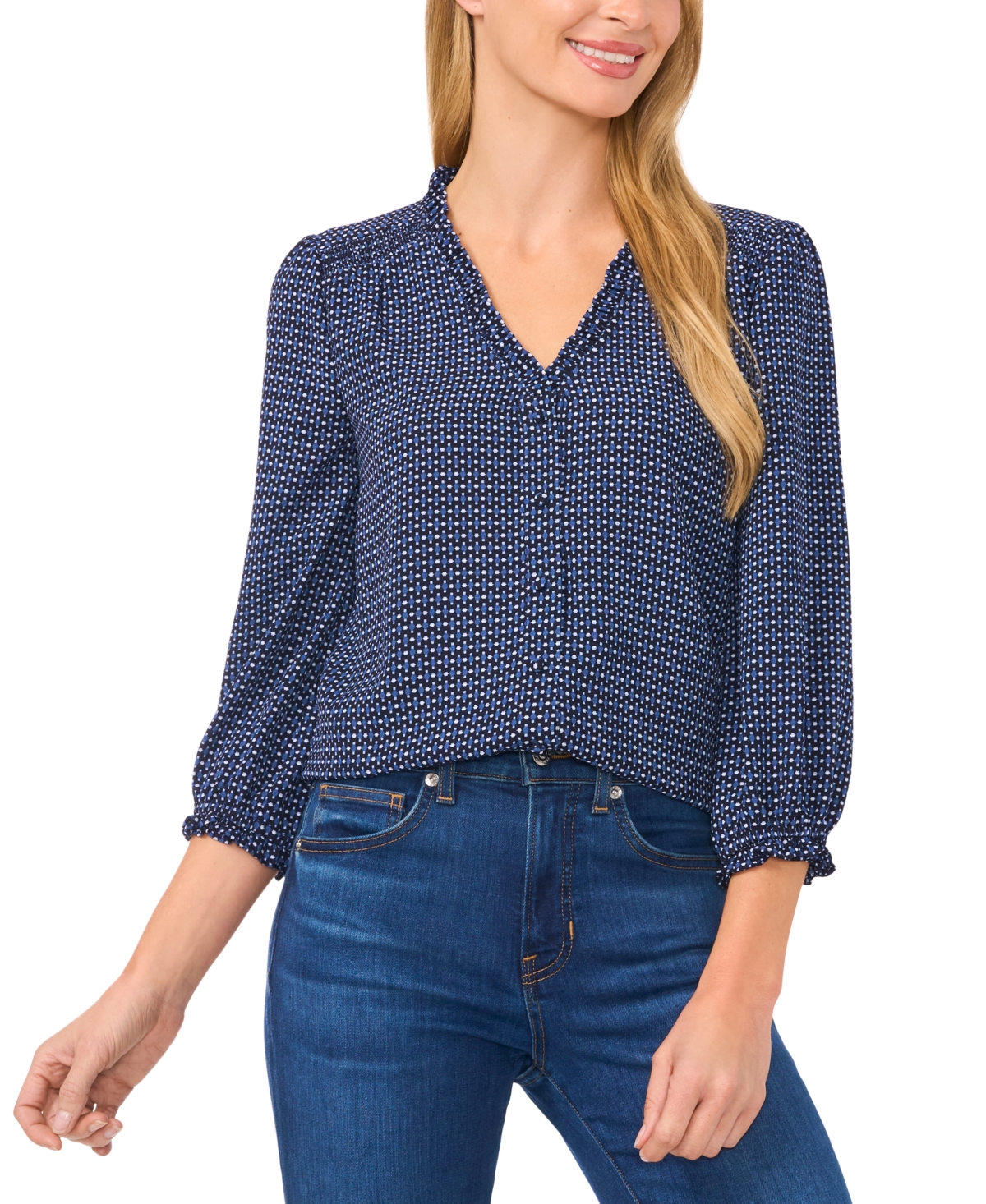 Cece Women's Ruffled V-neck Button-front Blouse In Garden Geo