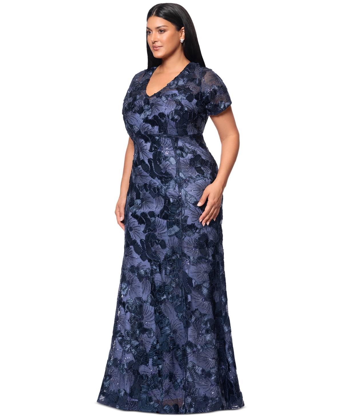 BETSY & ADAM PLUS SIZE FLORAL SEQUIN V-NECK SHEATH GOWN 