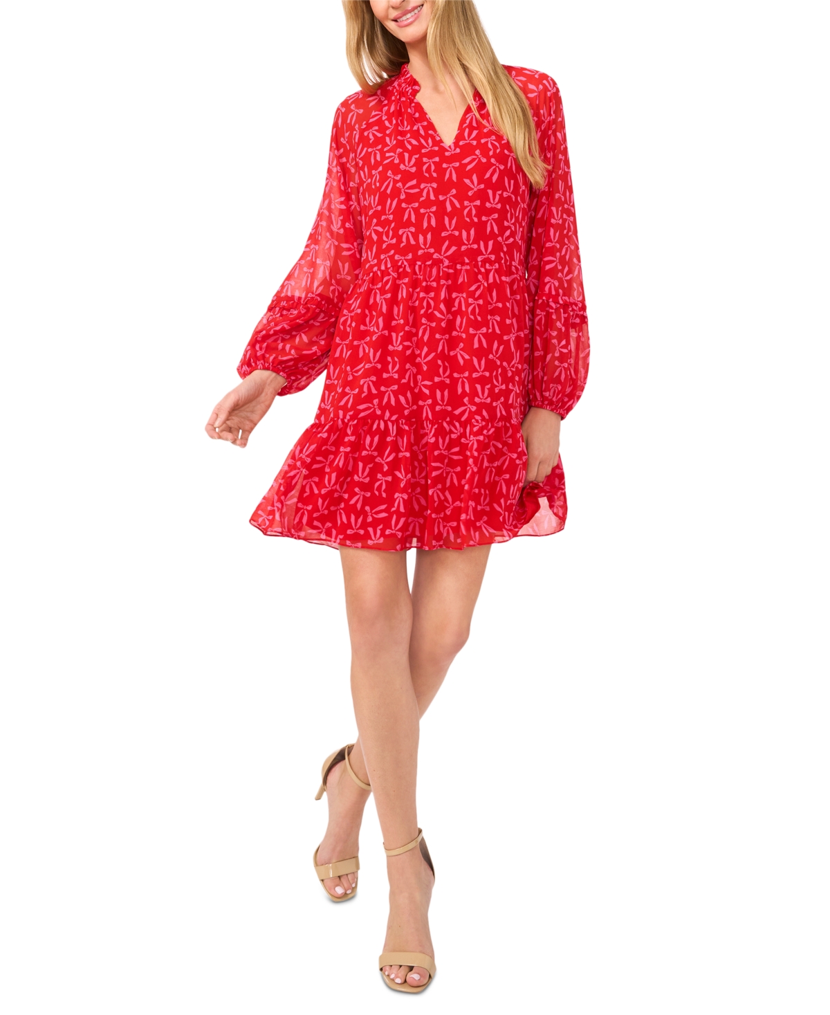 CECE WOMEN'S BOW-PRINT BABYDOLL LONG-SLEEVE DRESS