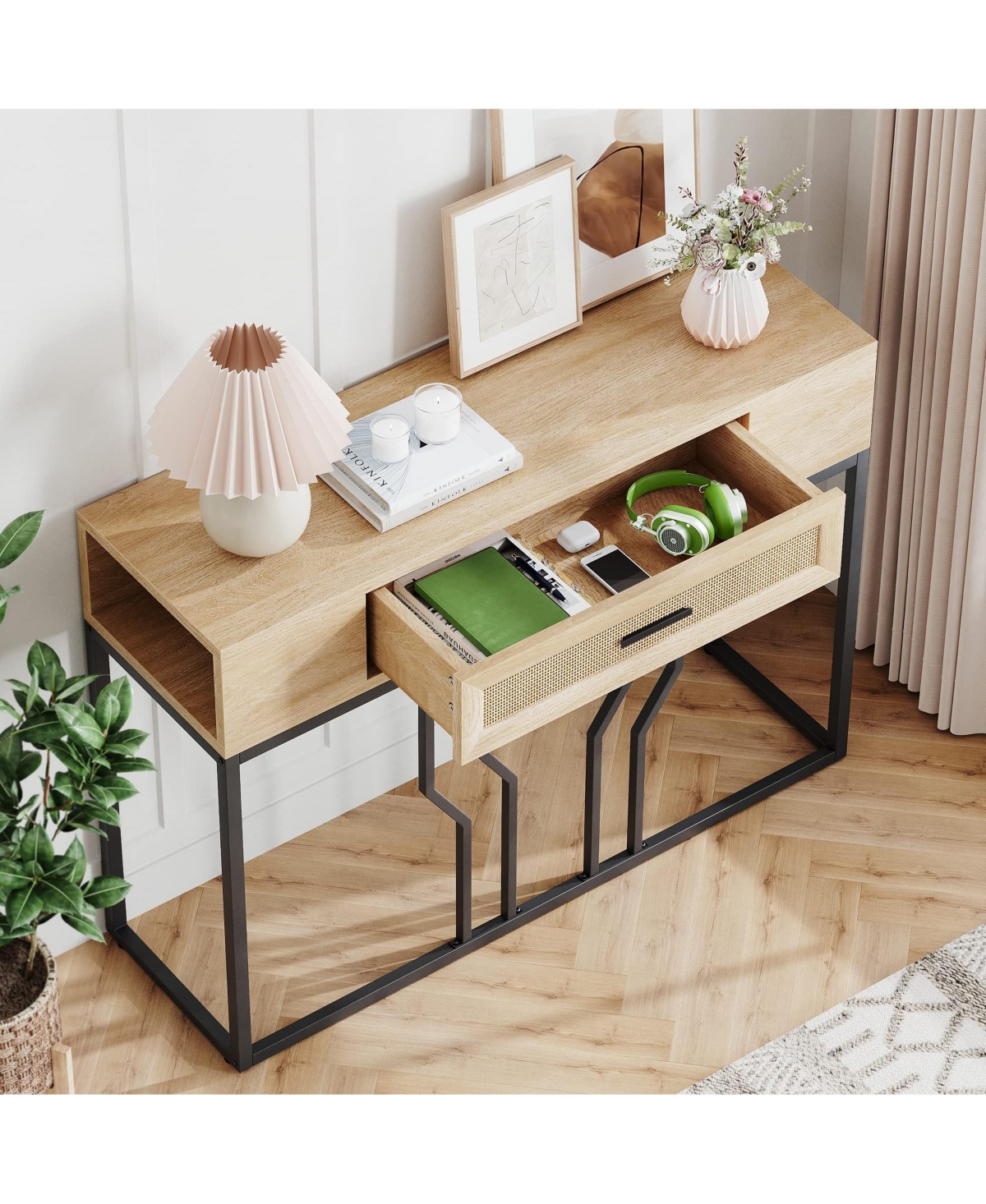 gaomon Console Table, Sofa Tables Rattan Entryway Table with Storage Drawer -pastel Brown