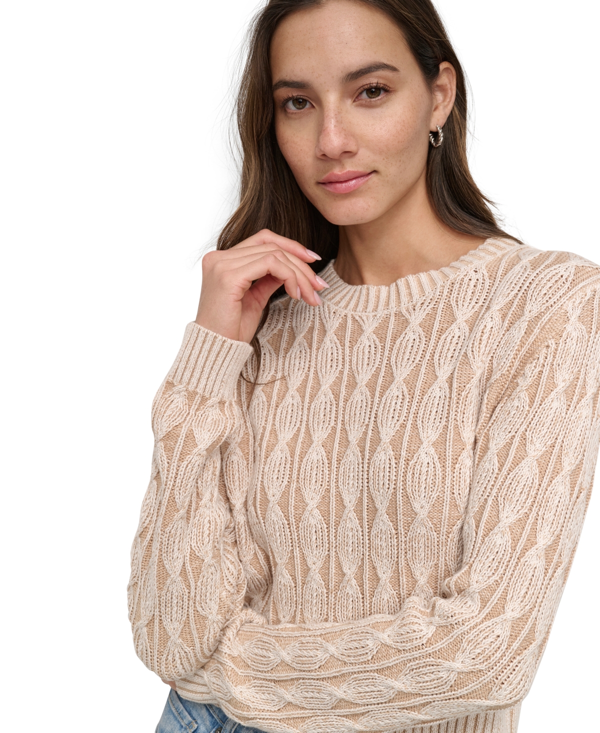 DKNY JEANS WOMEN'S LONG-SLEEVE COTTON CABLE-KNIT CREWNECK SWEATER 
