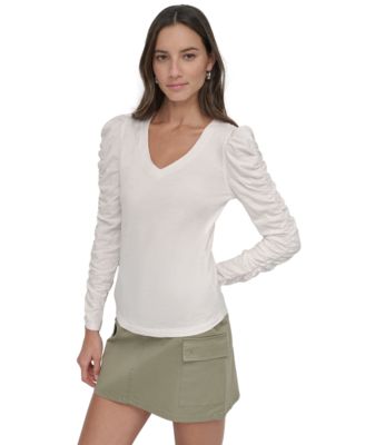 DKNY Jeans - Women's Cotton V-Neck Ruched-Sleeve Top
